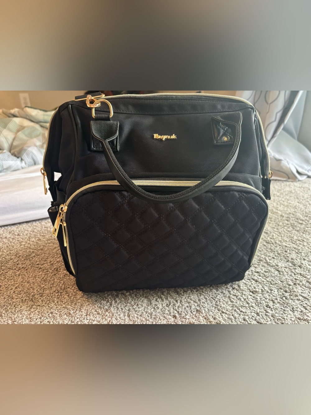 Black Quilted Baby Bag Tote with Gold Accents